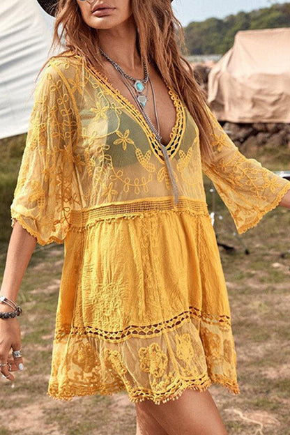 Lace Embroidered Patchwork V Neck Cover up - Seldom Seen Styles