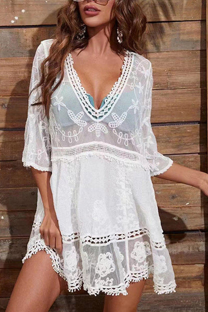 Lace Embroidered Patchwork V Neck Cover up - Seldom Seen Styles
