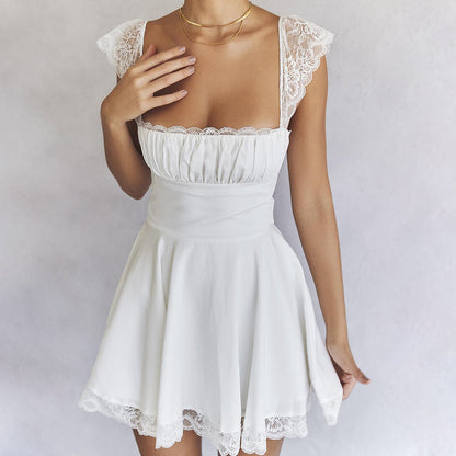Lace Hem Square Collar Corset Pleated Mini Dress White - Seldom Seen Styles