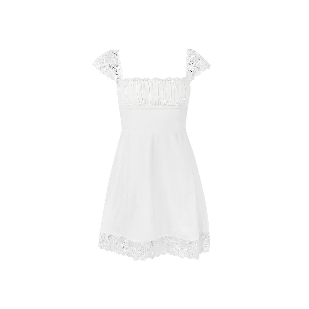 Lace Hem Square Collar Corset Pleated Mini Dress White - Seldom Seen Styles