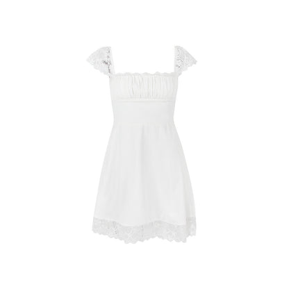 Lace Hem Square Collar Corset Pleated Mini Dress White - Seldom Seen Styles
