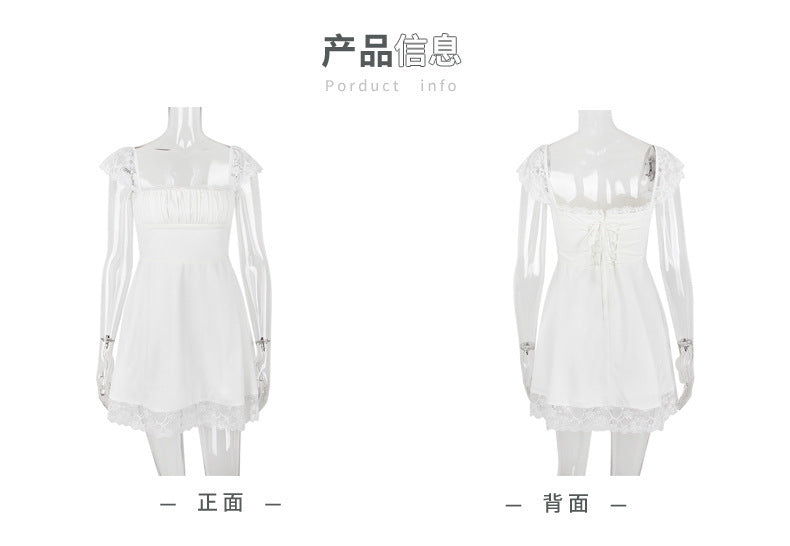 Lace Hem Square Collar Corset Pleated Mini Dress White - Seldom Seen Styles