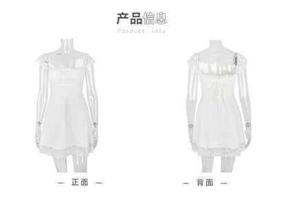 Lace Hem Square Collar Corset Pleated Mini Dress White - Seldom Seen Styles