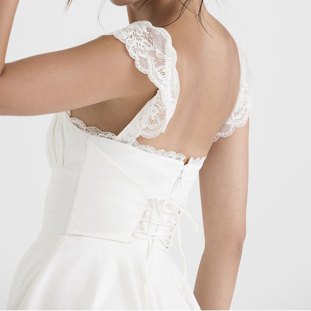 Lace Hem Square Collar Corset Pleated Mini Dress White - Seldom Seen Styles