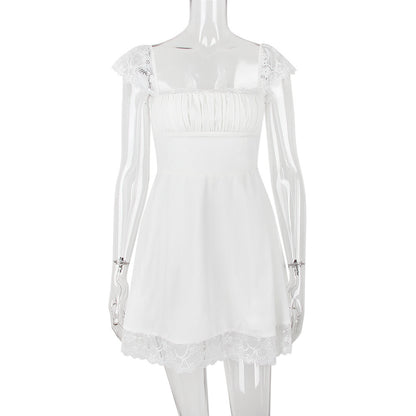 Lace Hem Square Collar Corset Pleated Mini Dress White - Seldom Seen Styles