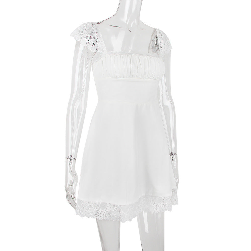 Lace Hem Square Collar Corset Pleated Mini Dress White - Seldom Seen Styles