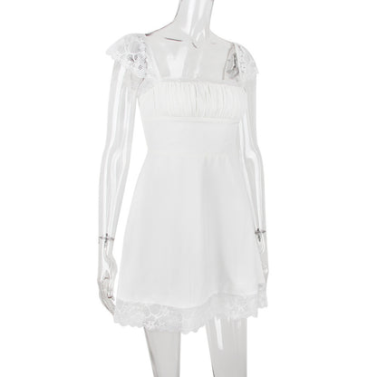 Lace Hem Square Collar Corset Pleated Mini Dress White - Seldom Seen Styles