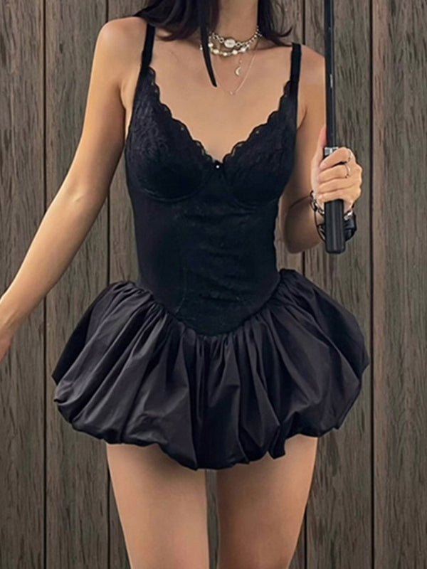 Lace Patchwork Suspender Mini Dress In Black - Seldom Seen Styles