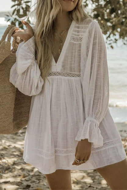 Lace Ruffled Patchwork V Neck Cover up - Seldom Seen Styles