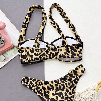 Leopard High Cut Metallic O Ring Brazilian Two Piece Bikini Swimsuit - Seldom Seen Styles