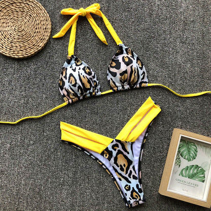 Leopard High Leg Slide Triangle Halter Brazilian Two Piece Bikini Swimsuit - Seldom Seen Styles