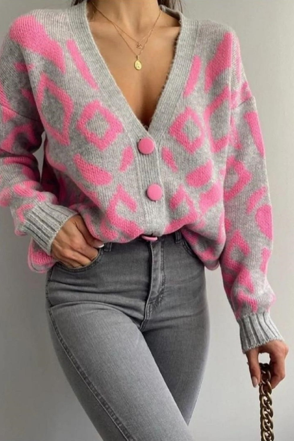Leopard Jacquard V-Neck Women's Long Sleeve Cute Cardigan Sweaters Open Front Ribbed Knit Kiss Sweater Coat - Seldom Seen Styles