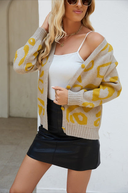 Leopard Jacquard V-Neck Women's Long Sleeve Cute Cardigan Sweaters Open Front Ribbed Knit Kiss Sweater Coat - Seldom Seen Styles