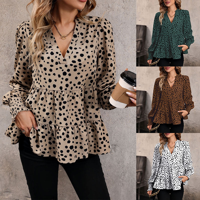 Leopard Print Blouse Shirts for Womens Black Polka Dots V Neck Long Sleeve Blouse Ruffle Flared Hem Babydoll Blouse - Seldom Seen Styles