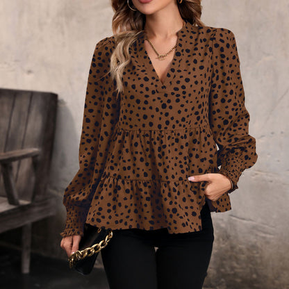 Leopard Print Blouse Shirts for Womens Black Polka Dots V Neck Long Sleeve Blouse Ruffle Flared Hem Babydoll Blouse - Seldom Seen Styles