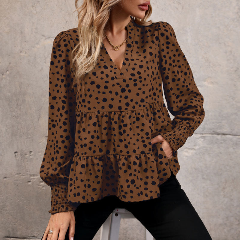 Leopard Print Blouse Shirts for Womens Black Polka Dots V Neck Long Sleeve Blouse Ruffle Flared Hem Babydoll Blouse - Seldom Seen Styles