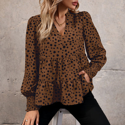 Leopard Print Blouse Shirts for Womens Black Polka Dots V Neck Long Sleeve Blouse Ruffle Flared Hem Babydoll Blouse - Seldom Seen Styles