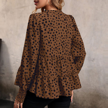 Leopard Print Blouse Shirts for Womens Black Polka Dots V Neck Long Sleeve Blouse Ruffle Flared Hem Babydoll Blouse - Seldom Seen Styles