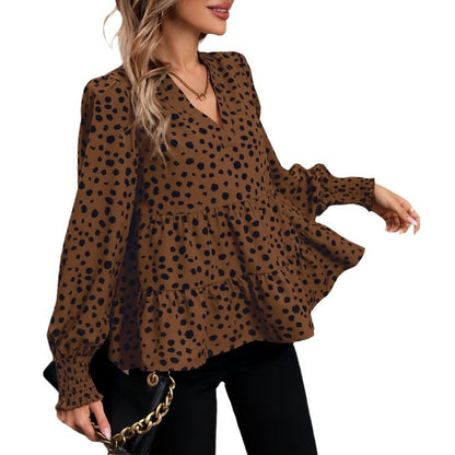 Leopard Print Blouse Shirts for Womens Black Polka Dots V Neck Long Sleeve Blouse Ruffle Flared Hem Babydoll Blouse - Seldom Seen Styles