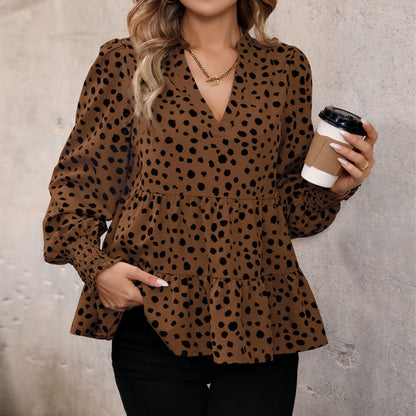 Leopard Print Blouse Shirts for Womens Black Polka Dots V Neck Long Sleeve Blouse Ruffle Flared Hem Babydoll Blouse - Seldom Seen Styles