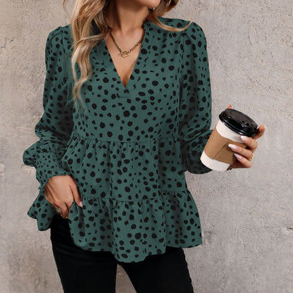 Leopard Print Blouse Shirts for Womens Black Polka Dots V Neck Long Sleeve Blouse Ruffle Flared Hem Babydoll Blouse - Seldom Seen Styles
