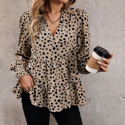 Leopard Print Blouse Shirts for Womens Black Polka Dots V Neck Long Sleeve Blouse Ruffle Flared Hem Babydoll Blouse - Seldom Seen Styles