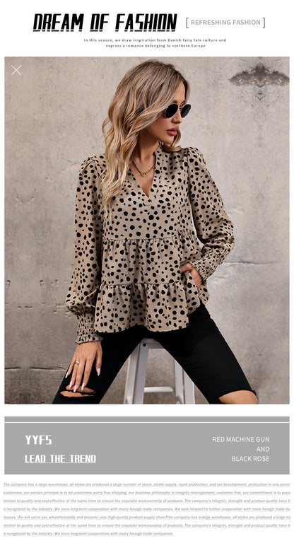Leopard Print Blouse Shirts for Womens Black Polka Dots V Neck Long Sleeve Blouse Ruffle Flared Hem Babydoll Blouse - Seldom Seen Styles