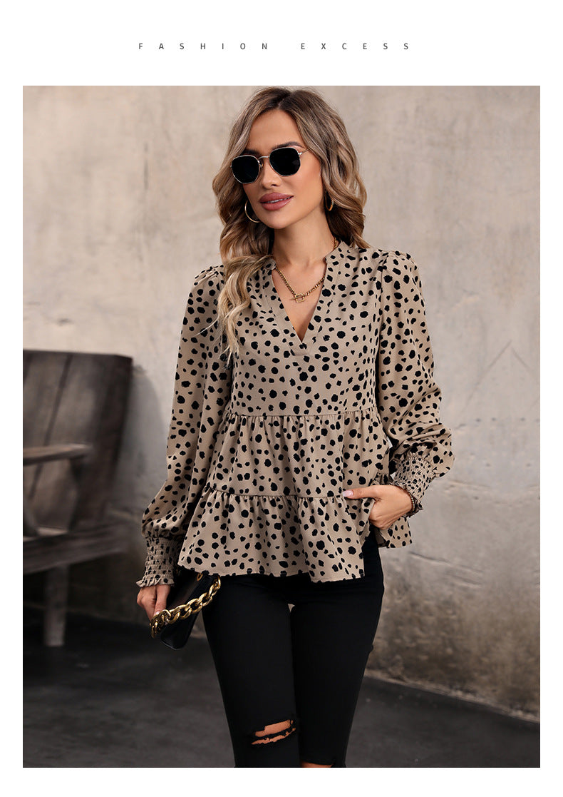 Leopard Print Blouse Shirts for Womens Black Polka Dots V Neck Long Sleeve Blouse Ruffle Flared Hem Babydoll Blouse - Seldom Seen Styles
