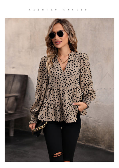 Leopard Print Blouse Shirts for Womens Black Polka Dots V Neck Long Sleeve Blouse Ruffle Flared Hem Babydoll Blouse - Seldom Seen Styles