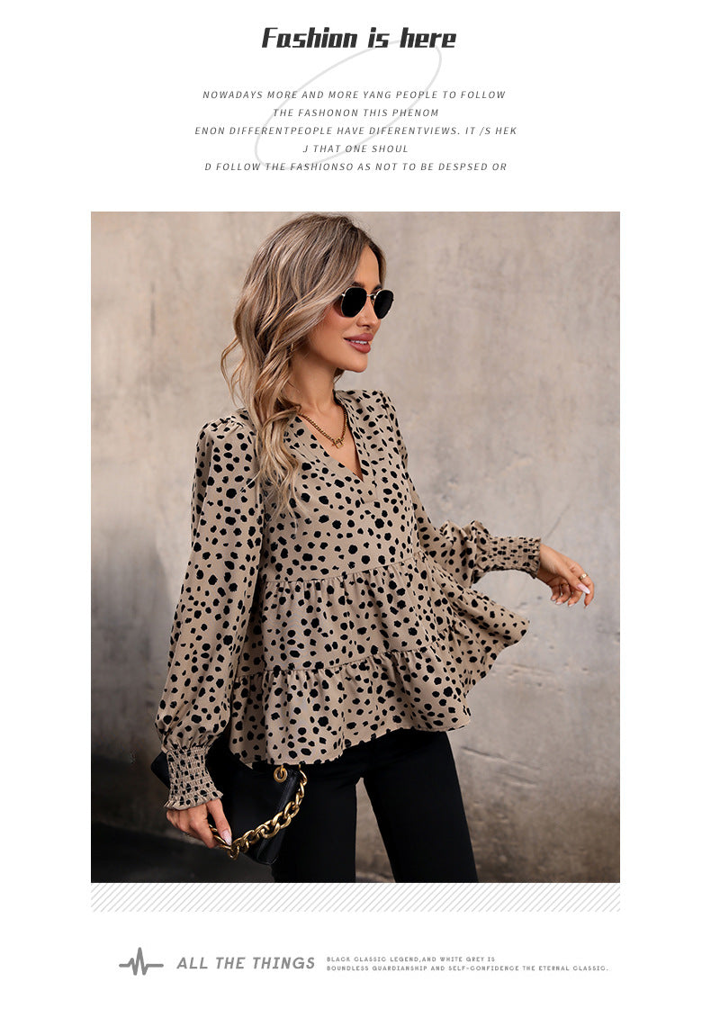 Leopard Print Blouse Shirts for Womens Black Polka Dots V Neck Long Sleeve Blouse Ruffle Flared Hem Babydoll Blouse - Seldom Seen Styles