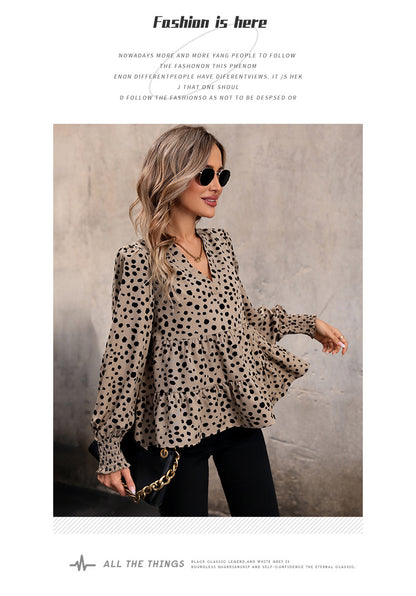Leopard Print Blouse Shirts for Womens Black Polka Dots V Neck Long Sleeve Blouse Ruffle Flared Hem Babydoll Blouse - Seldom Seen Styles