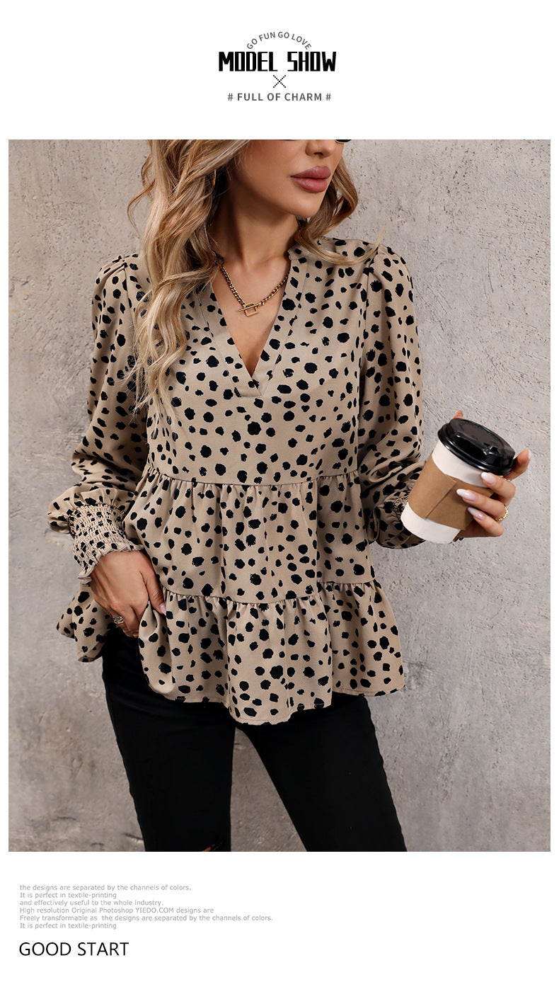 Leopard Print Blouse Shirts for Womens Black Polka Dots V Neck Long Sleeve Blouse Ruffle Flared Hem Babydoll Blouse - Seldom Seen Styles