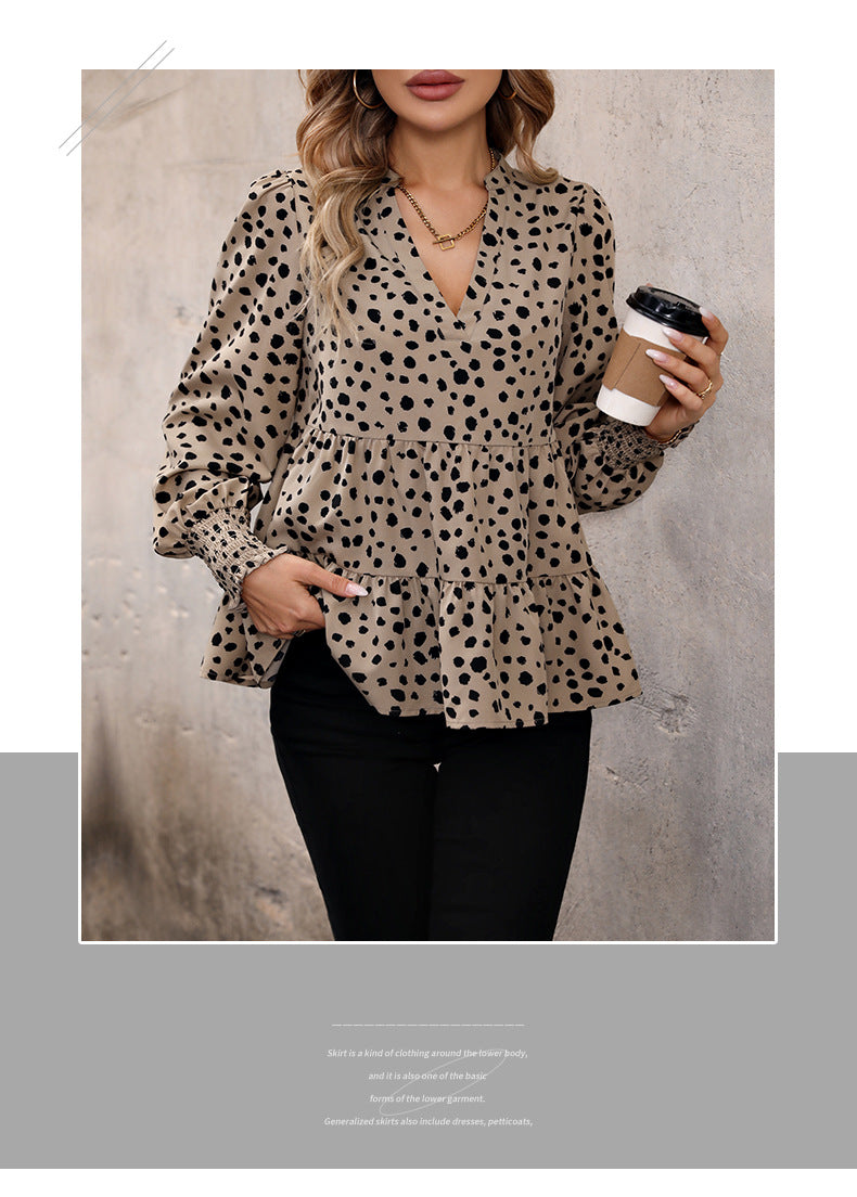 Leopard Print Blouse Shirts for Womens Black Polka Dots V Neck Long Sleeve Blouse Ruffle Flared Hem Babydoll Blouse - Seldom Seen Styles