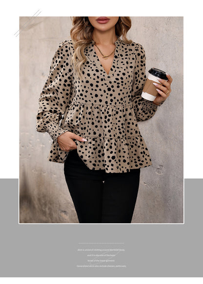 Leopard Print Blouse Shirts for Womens Black Polka Dots V Neck Long Sleeve Blouse Ruffle Flared Hem Babydoll Blouse - Seldom Seen Styles