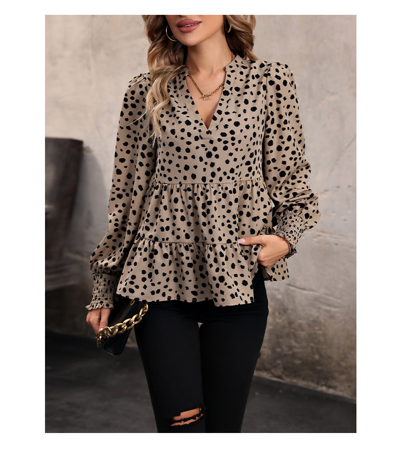 Leopard Print Blouse Shirts for Womens Black Polka Dots V Neck Long Sleeve Blouse Ruffle Flared Hem Babydoll Blouse - Seldom Seen Styles