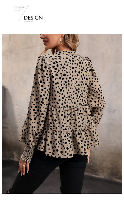 Leopard Print Blouse Shirts for Womens Black Polka Dots V Neck Long Sleeve Blouse Ruffle Flared Hem Babydoll Blouse - Seldom Seen Styles