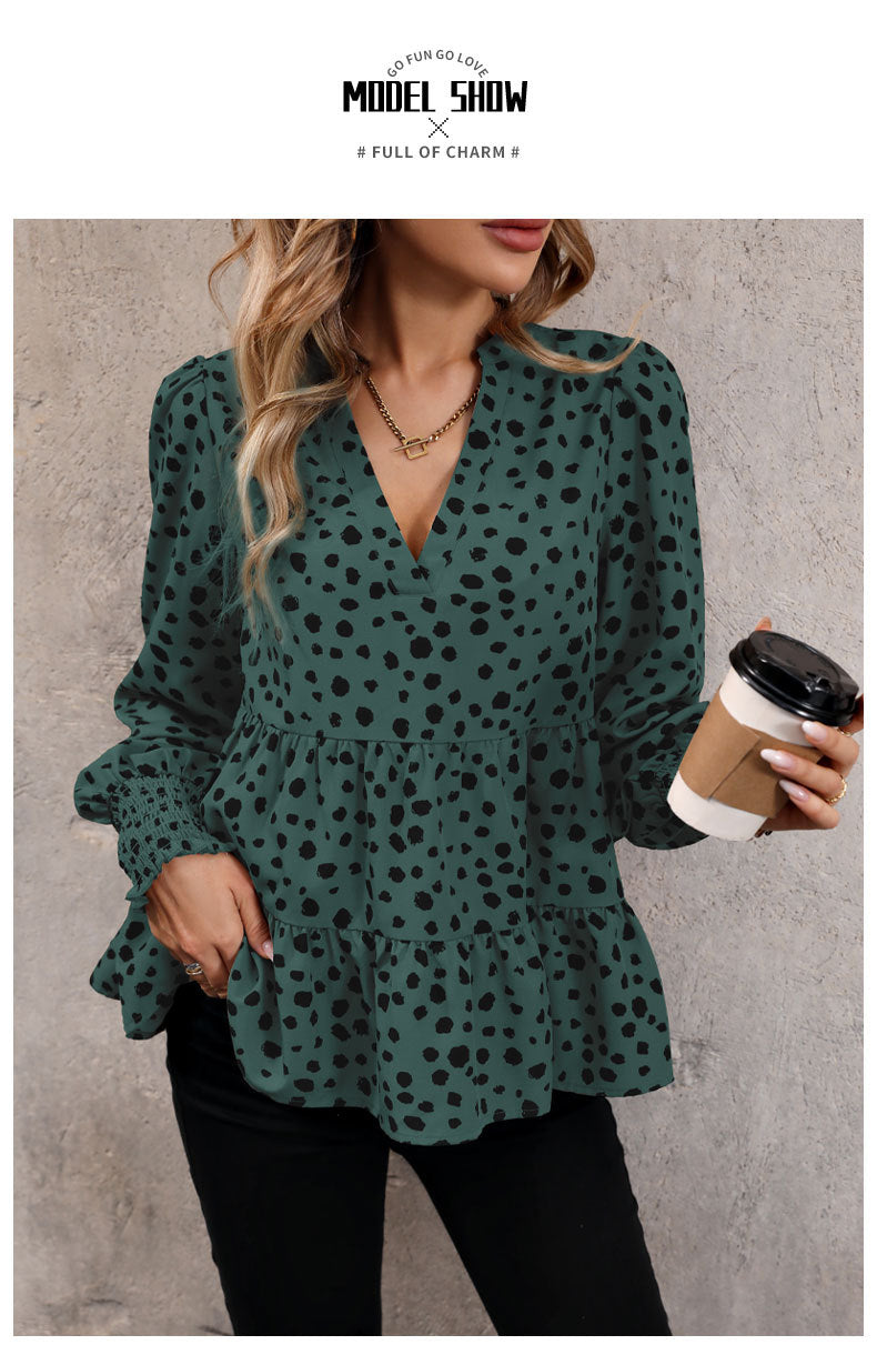 Leopard Print Blouse Shirts for Womens Black Polka Dots V Neck Long Sleeve Blouse Ruffle Flared Hem Babydoll Blouse - Seldom Seen Styles