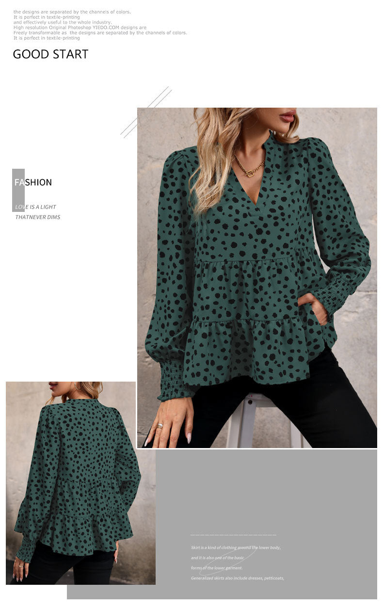Leopard Print Blouse Shirts for Womens Black Polka Dots V Neck Long Sleeve Blouse Ruffle Flared Hem Babydoll Blouse - Seldom Seen Styles