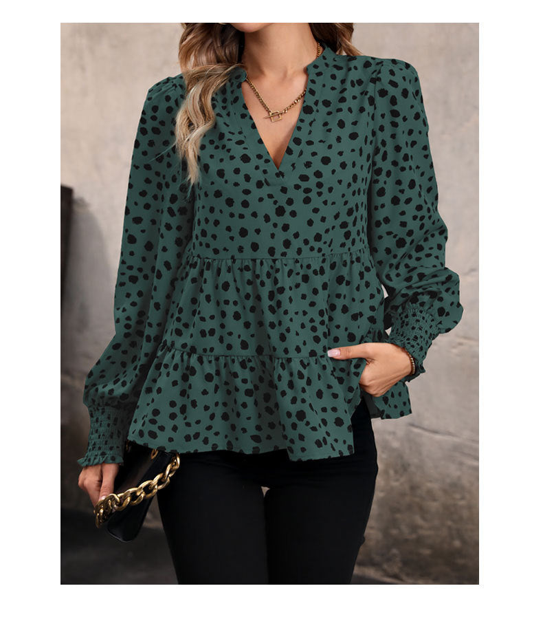 Leopard Print Blouse Shirts for Womens Black Polka Dots V Neck Long Sleeve Blouse Ruffle Flared Hem Babydoll Blouse - Seldom Seen Styles