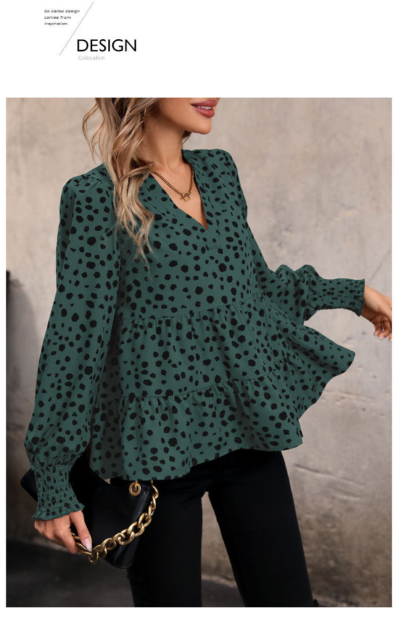 Leopard Print Blouse Shirts for Womens Black Polka Dots V Neck Long Sleeve Blouse Ruffle Flared Hem Babydoll Blouse - Seldom Seen Styles