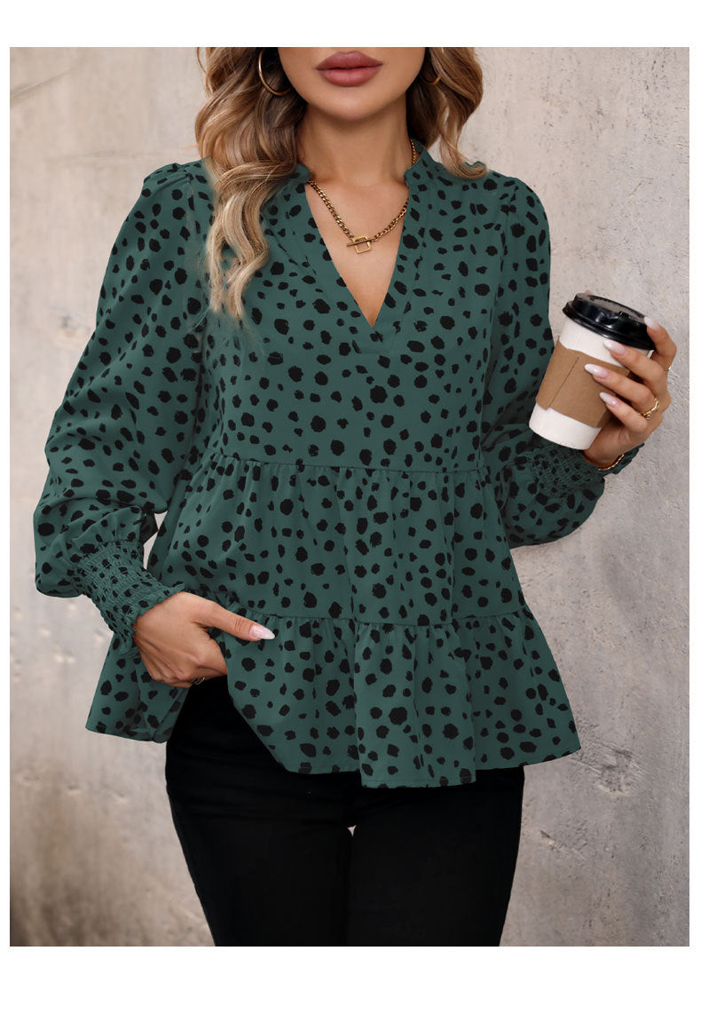 Leopard Print Blouse Shirts for Womens Black Polka Dots V Neck Long Sleeve Blouse Ruffle Flared Hem Babydoll Blouse - Seldom Seen Styles