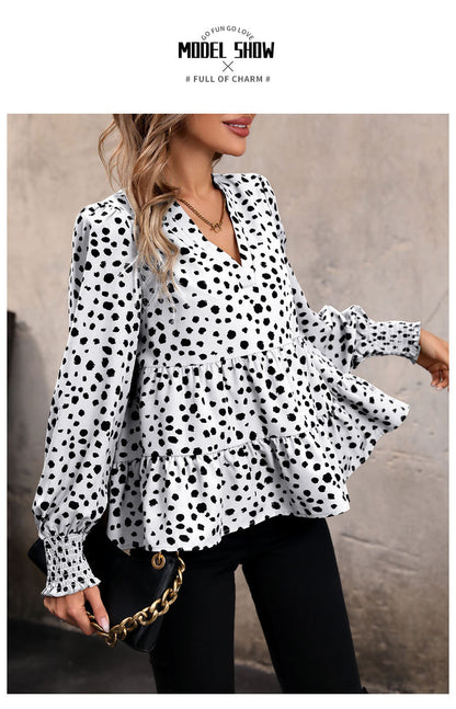 Leopard Print Blouse Shirts for Womens Black Polka Dots V Neck Long Sleeve Blouse Ruffle Flared Hem Babydoll Blouse - Seldom Seen Styles
