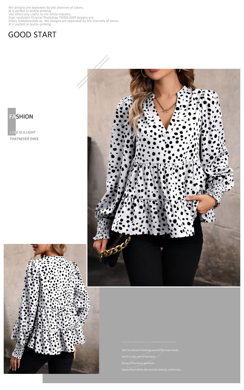 Leopard Print Blouse Shirts for Womens Black Polka Dots V Neck Long Sleeve Blouse Ruffle Flared Hem Babydoll Blouse - Seldom Seen Styles