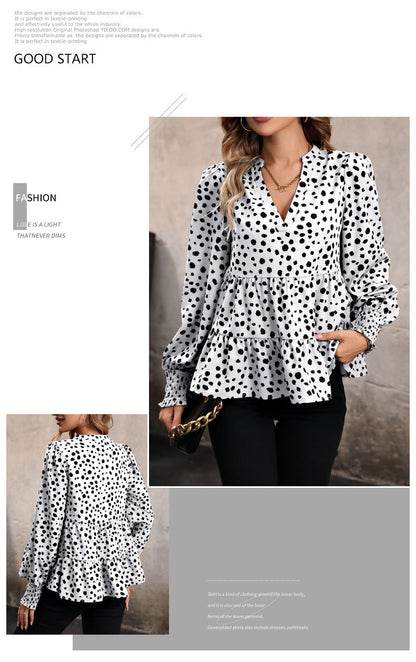 Leopard Print Blouse Shirts for Womens Black Polka Dots V Neck Long Sleeve Blouse Ruffle Flared Hem Babydoll Blouse - Seldom Seen Styles