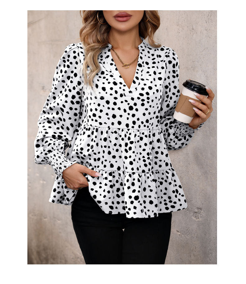 Leopard Print Blouse Shirts for Womens Black Polka Dots V Neck Long Sleeve Blouse Ruffle Flared Hem Babydoll Blouse - Seldom Seen Styles