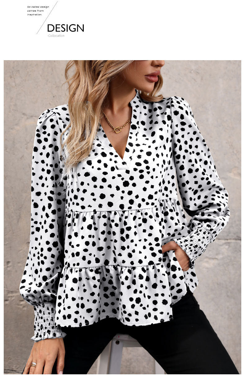 Leopard Print Blouse Shirts for Womens Black Polka Dots V Neck Long Sleeve Blouse Ruffle Flared Hem Babydoll Blouse - Seldom Seen Styles