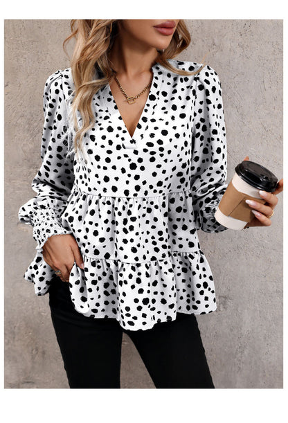 Leopard Print Blouse Shirts for Womens Black Polka Dots V Neck Long Sleeve Blouse Ruffle Flared Hem Babydoll Blouse - Seldom Seen Styles