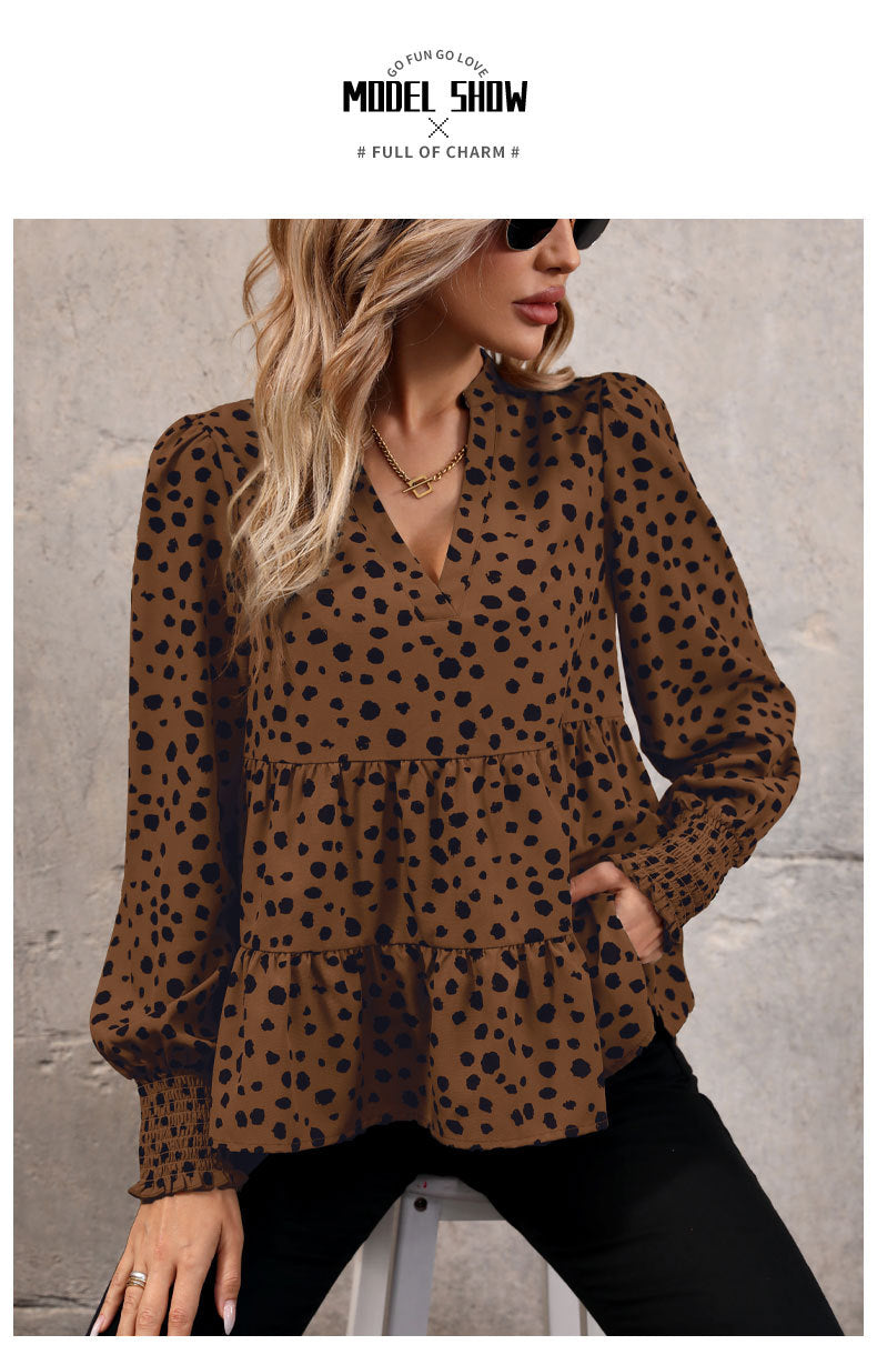 Leopard Print Blouse Shirts for Womens Black Polka Dots V Neck Long Sleeve Blouse Ruffle Flared Hem Babydoll Blouse - Seldom Seen Styles