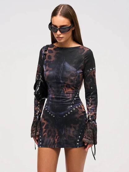 Leopard Rivet Gradient Gothic Mini Dress - Seldom Seen Styles