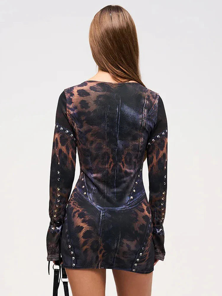 Leopard Rivet Gradient Gothic Mini Dress - Seldom Seen Styles